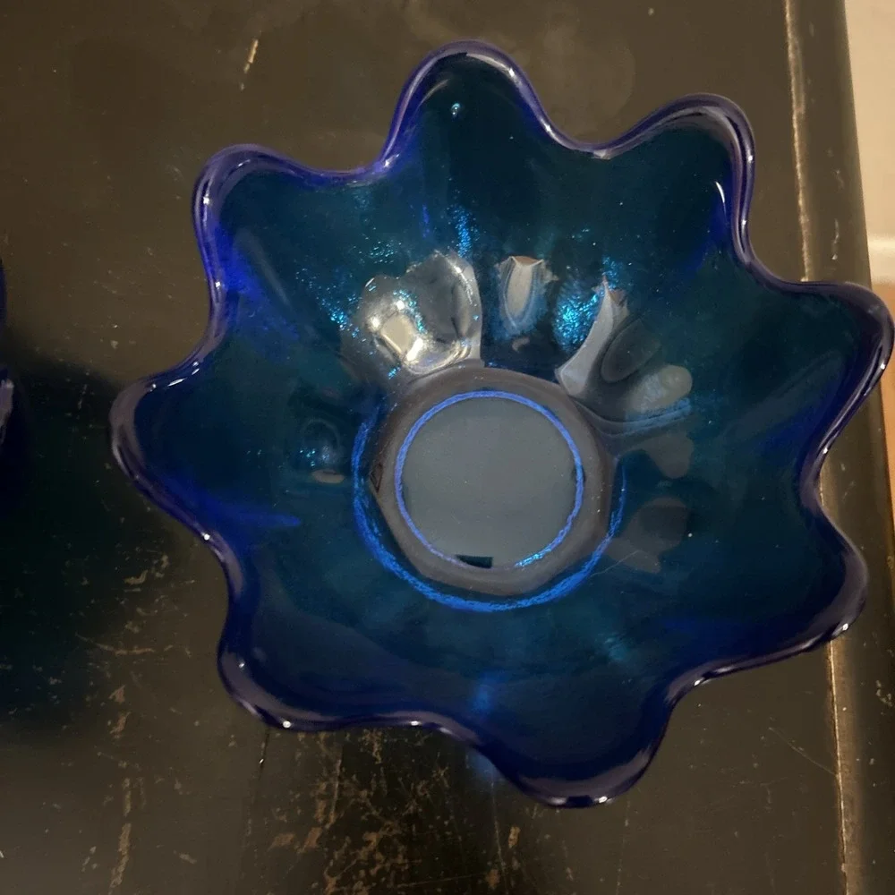 (2) VTG MCM BLENKO Art Glass Lotus Bowl‎ Blue Signed  2002 Richard Blenko - Picture 2 of 15